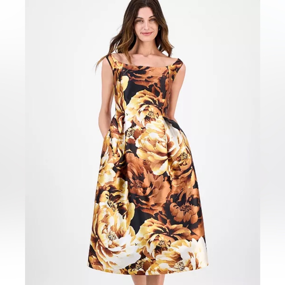NWT Julia Jordan Black Dress with Gold and Brown Floral Print Midi